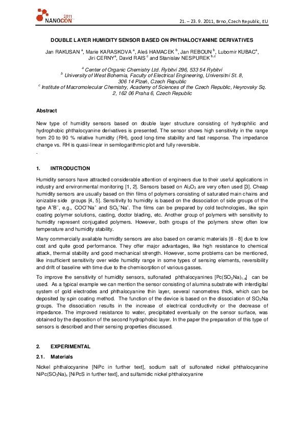 (PDF) Double layer humidity sensor based on phthalocyanine derivatives