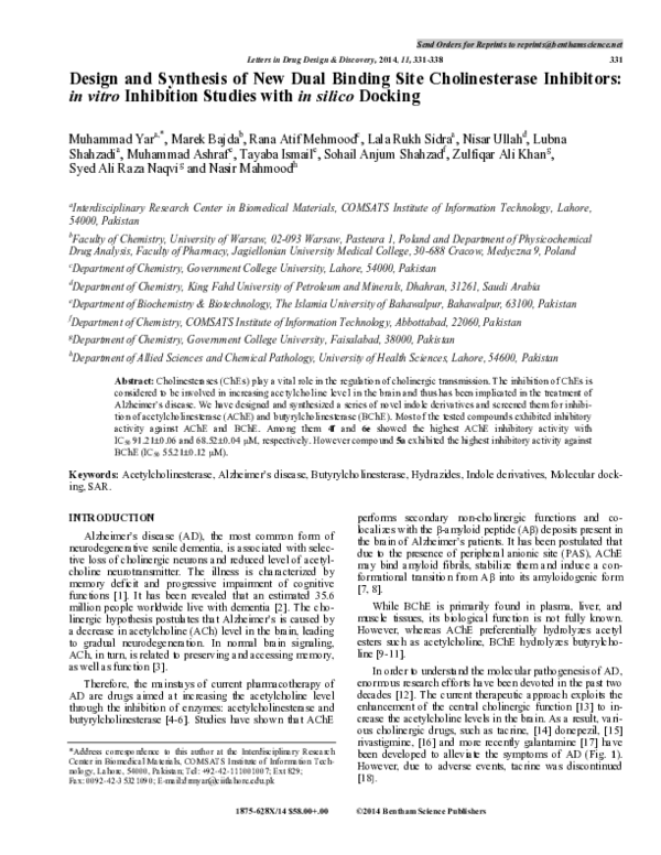 (PDF) Design and Synthesis of New Dual Binding Site Cholinesterase ...