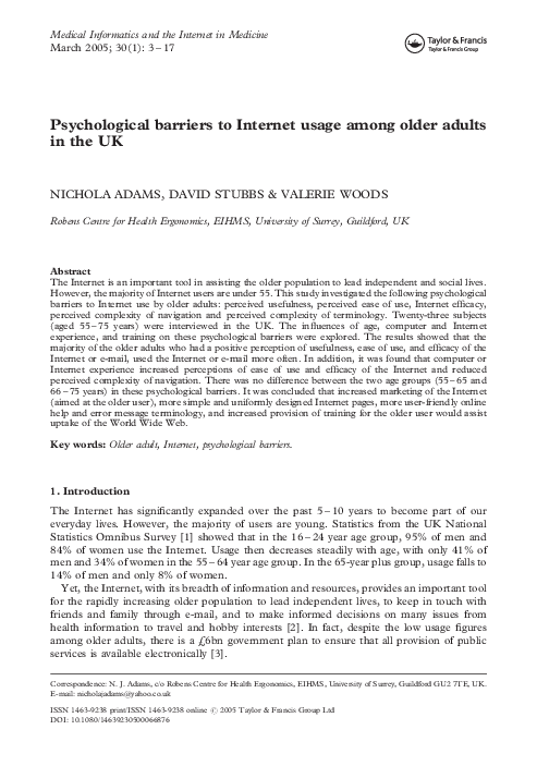 (PDF) Psychological barriers to Internet usage among older adults in the UK