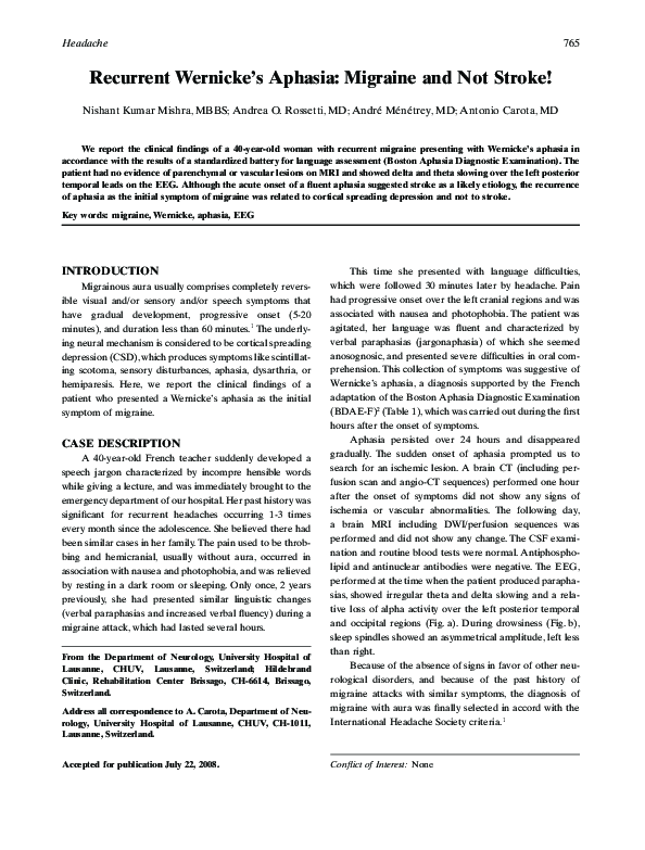 (PDF) Recurrent Wernicke's Aphasia: Migraine and Not Stroke!