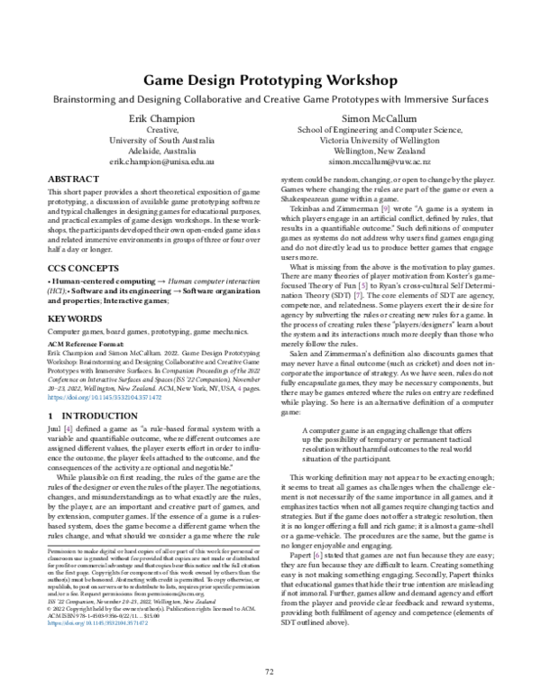 (PDF) Game Design Prototyping Workshop