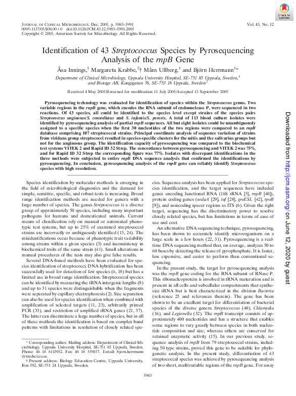 (PDF) Identification of 43 Streptococcus Species by Pyrosequencing ...