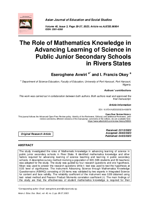 (PDF) The Role of Mathematics Knowledge in Advancing Learning of ...