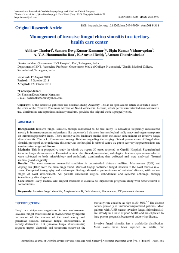 (PDF) Management of invasive fungal rhino sinusitis in a tertiary ...
