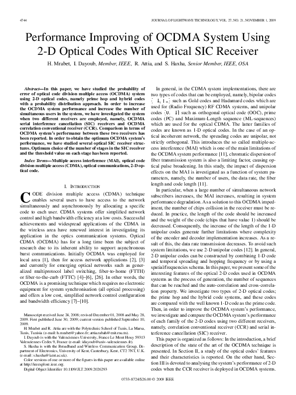 (PDF) Performance Improving of OCDMA System Using 2-D Optical Codes ...