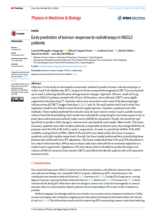 (PDF) Early prediction of tumour-response to radiotherapy in NSCLC patients