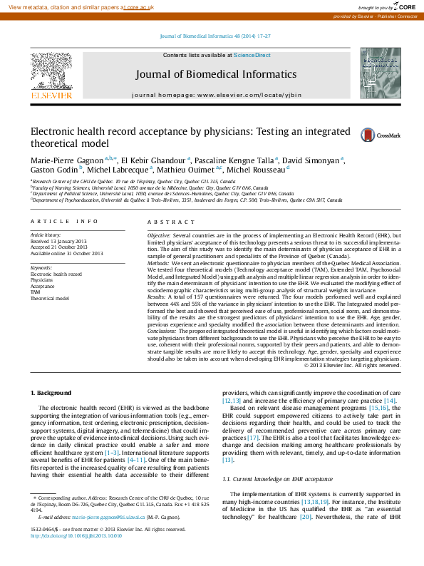 (PDF) Electronic health record acceptance by physicians: Testing an ...