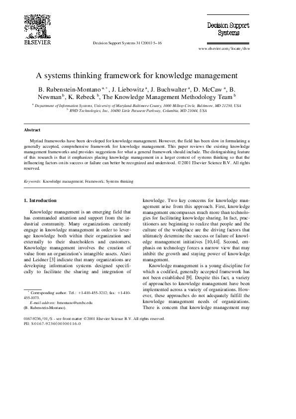 (PDF) A systems thinking framework for knowledge management