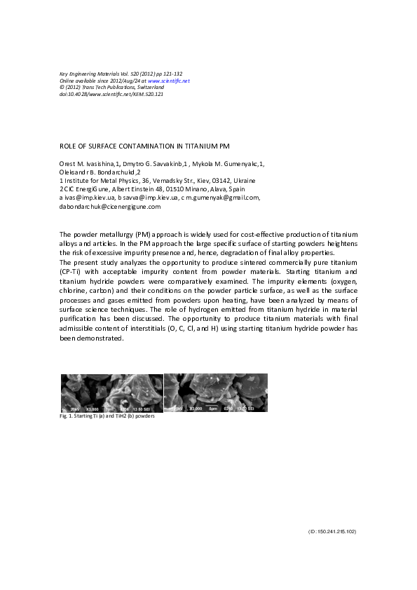(PDF) Role of Surface Contamination in Titanium PM