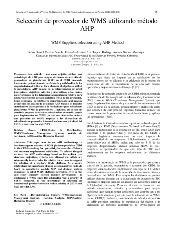(PDF) Selección de proveedor de WMS utilizando método AHP WMS Suppliers ...