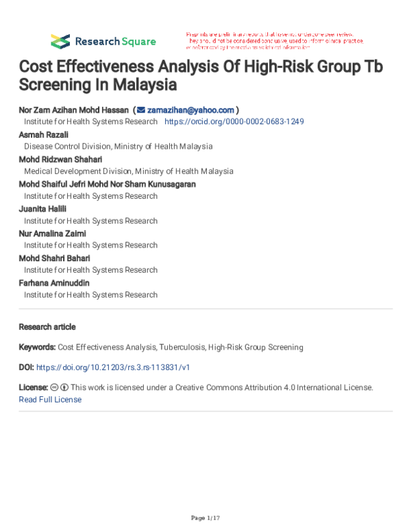 (PDF) Cost Effectiveness Analysis Of High-Risk Group Tb Screening In ...