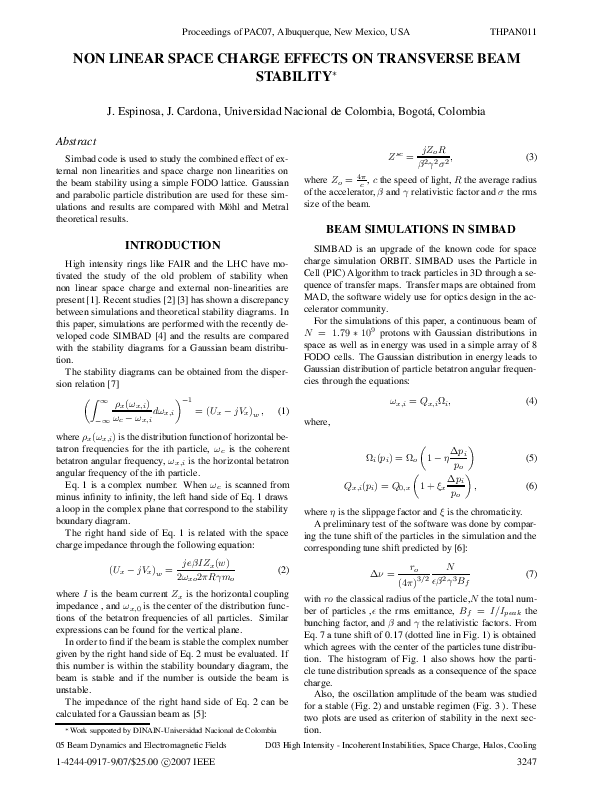 (PDF) Non linear space charge effects on transverse beam stability