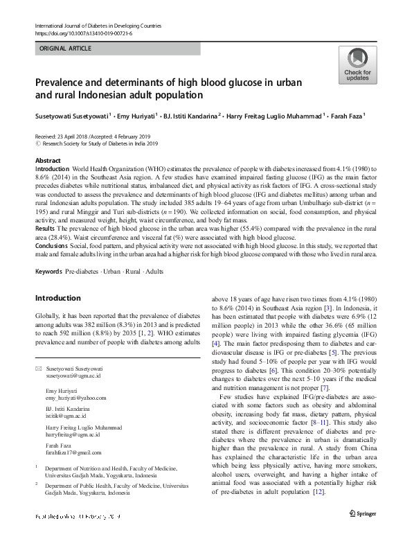 (PDF) Prevalence and determinants of high blood glucose in urban and ...