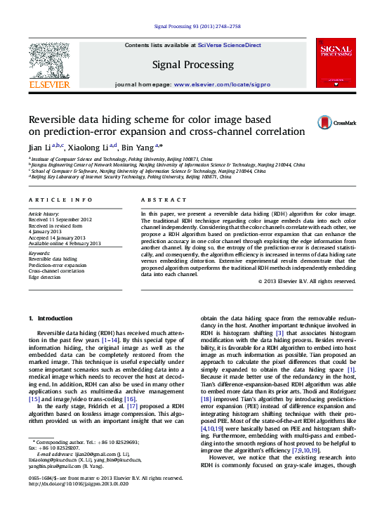 (PDF) Reversible data hiding scheme for color image based on prediction ...