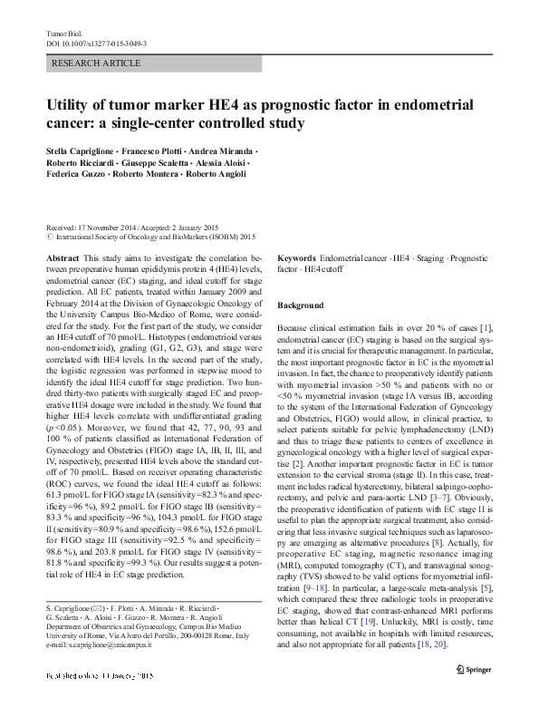 (PDF) Utility of tumor marker HE4 as prognostic factor in endometrial ...