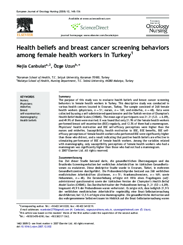 (PDF) Health beliefs and breast cancer screening behaviors among female ...