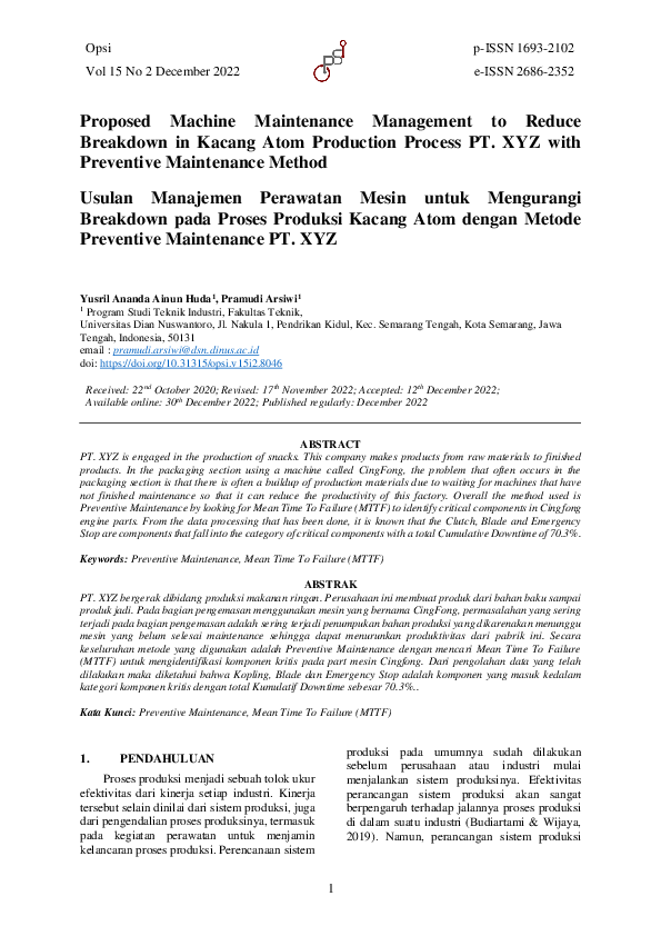 (PDF) Proposed Machine Maintenance Management To Reduce Breakdown In ...
