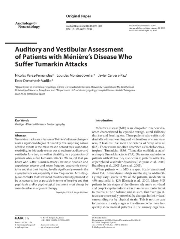 (PDF) Auditory and Vestibular Assessment of Patients with Ménière’s