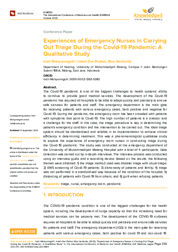 (PDF) Experiences of Emergency Nurses in Carrying Out Triage During the ...