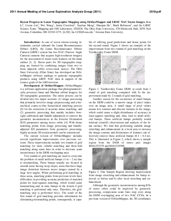 (PDF) Recent Progress in Lunar Topographic Mapping Using OrbiterMapper ...