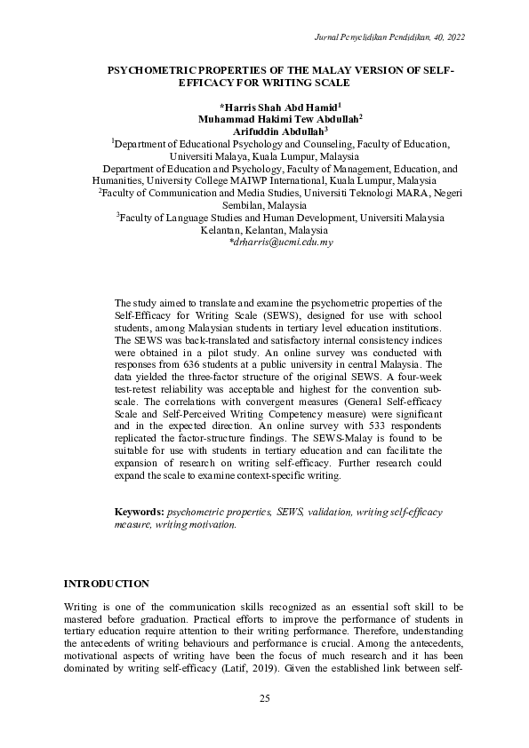 (PDF) PSYCHOMETRIC PROPERTIES OF THE MALAY VERSION OF SELF-EFFICACY FOR ...