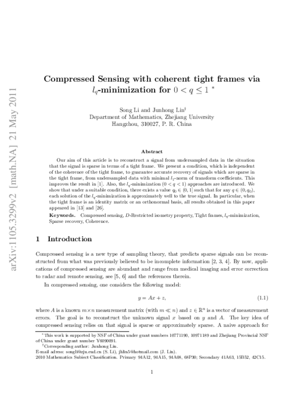 (PDF) Compressed sensing with coherent tight frames via $l_q ...