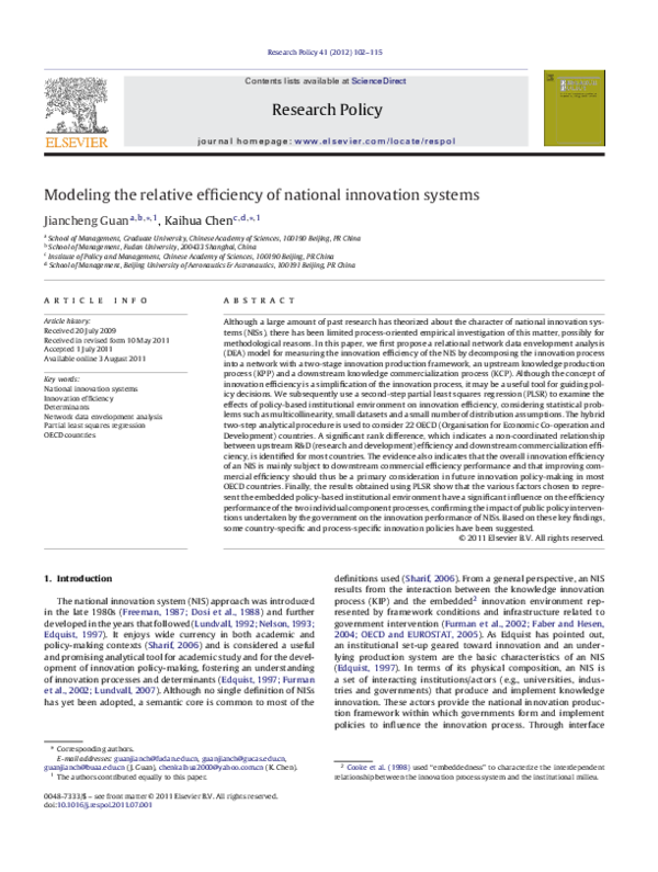 (PDF) Modeling the relative efficiency of national innovation systems