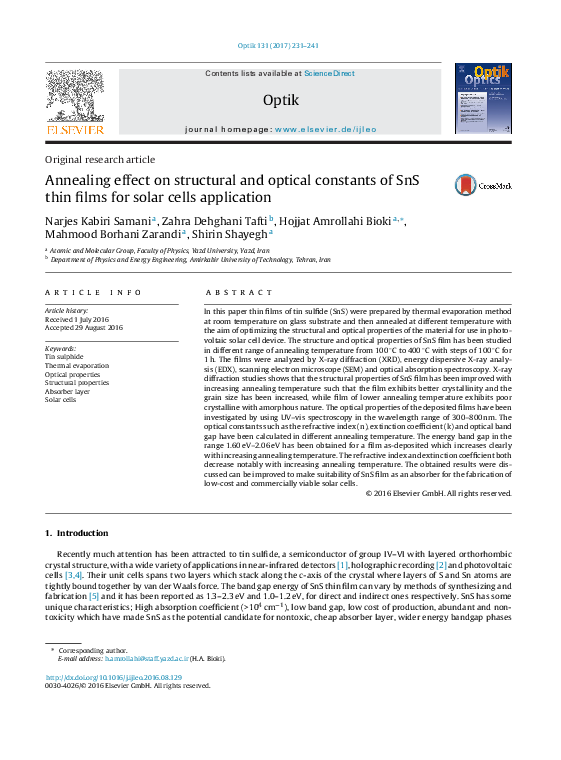 (PDF) Annealing effect on structural and optical constants of SnS thin ...