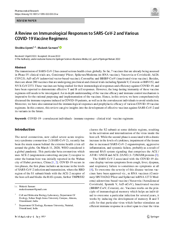 (PDF) A Review on Immunological Responses to SARS-CoV-2 and Various ...
