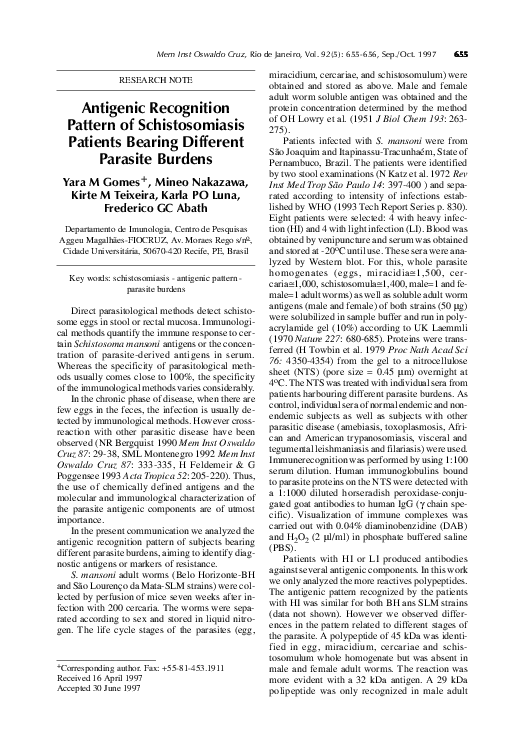 (PDF) Antigenic Recognition Pattern of Schistosomiasis Patients Bearing ...