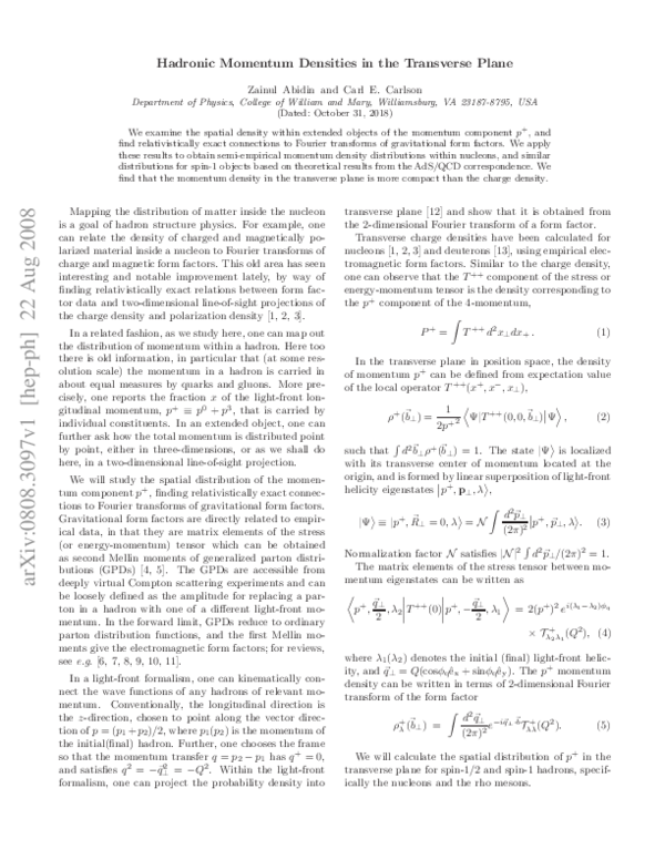 (PDF) Hadronic momentum densities in the transverse plane
