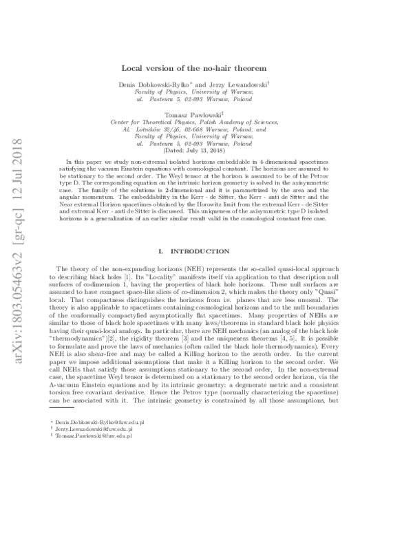 (PDF) Local version of the nohair theorem