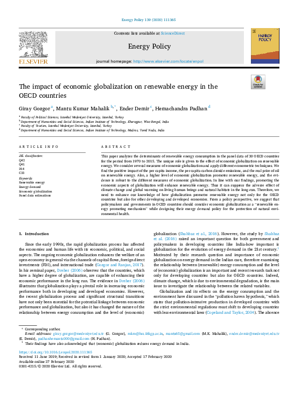 (PDF) The impact of economic globalization on renewable energy in the ...