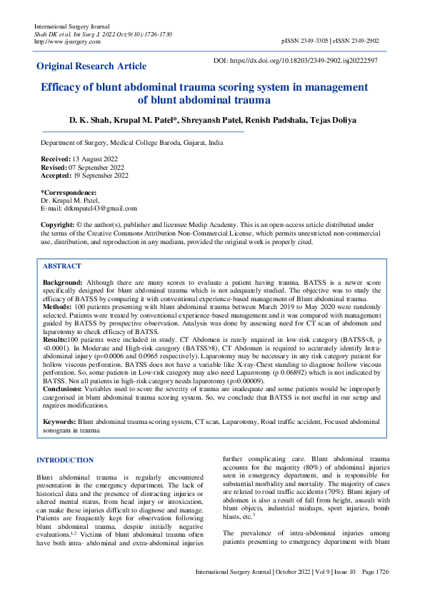 (PDF) Efficacy of blunt abdominal trauma scoring system in management ...