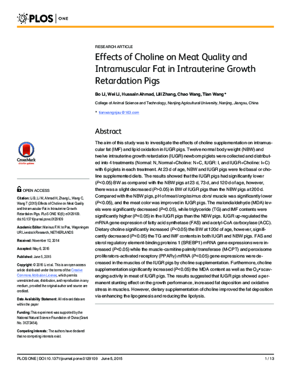 (PDF) Effects of Choline on Meat Quality and Intramuscular Fat in