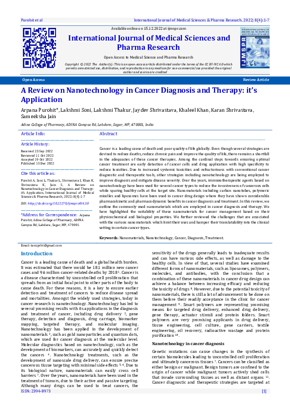 (PDF) A Review on Nanotechnology in Cancer Diagnosis and Therapy: it’s ...
