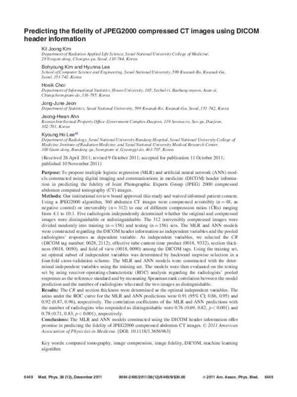 (PDF) Predicting the fidelity of JPEG2000 compressed CT images using header information