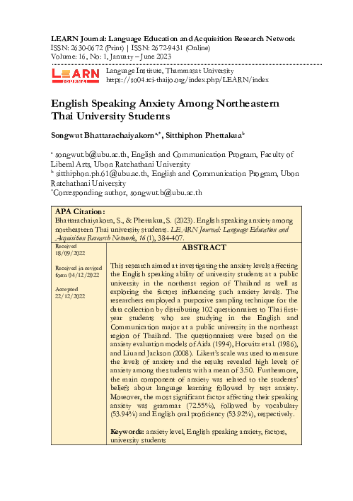 (PDF) English Speaking Anxiety Among Northeastern Thai University Students