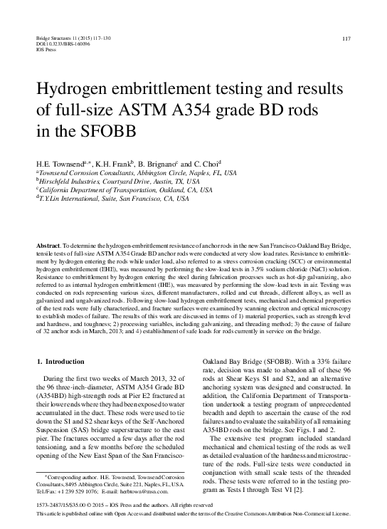 (PDF) Hydrogen embrittlement testing and results of full-size ASTM A354 ...