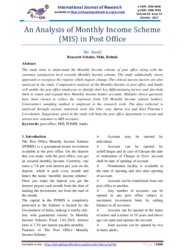 (PDF) An Analysis of Monthly Income Scheme (MIS) in Post Office