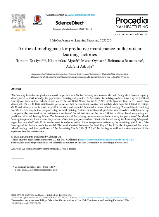 (PDF) Artificial intelligence for predictive maintenance in the railcar ...