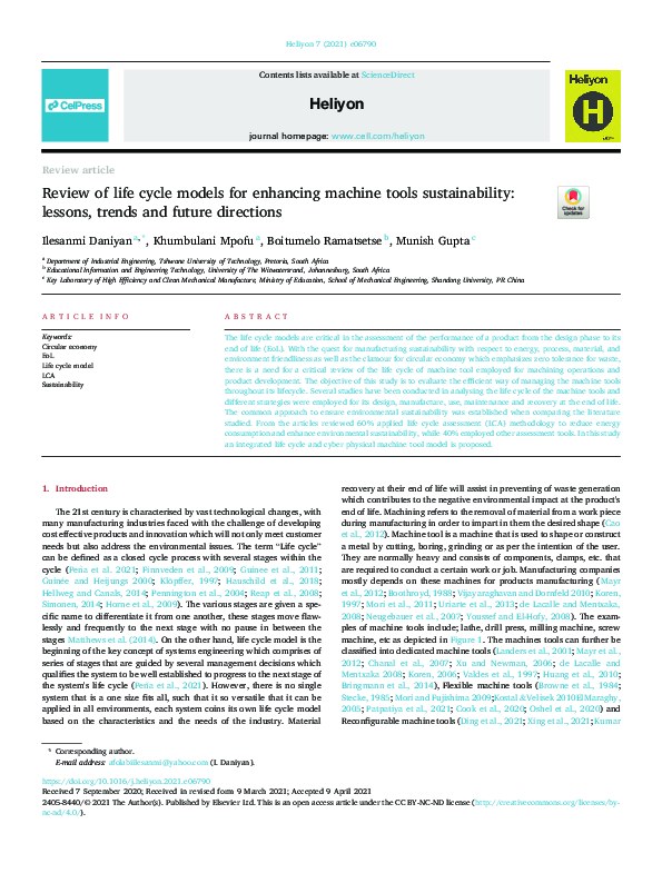 (PDF) Review of life cycle models for enhancing machine tools ...