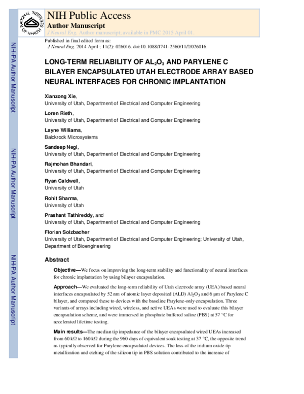 (PDF) Long-term reliability of Al2O3and Parylene C bilayer encapsulated ...