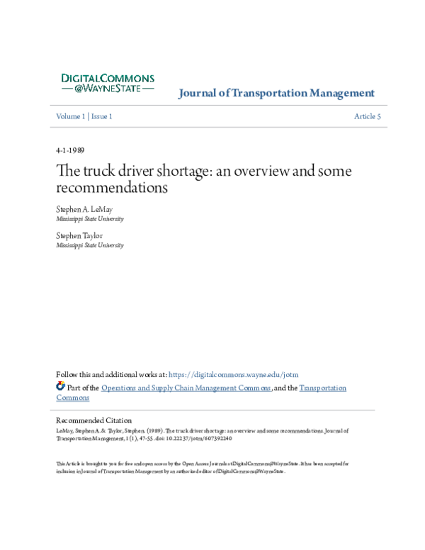 (PDF) The truck driver shortage: an overview and some recommendations