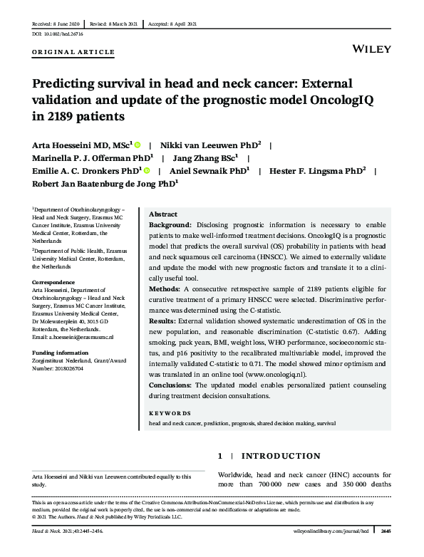 (PDF) Predicting survival in head and neck cancer: External validation ...