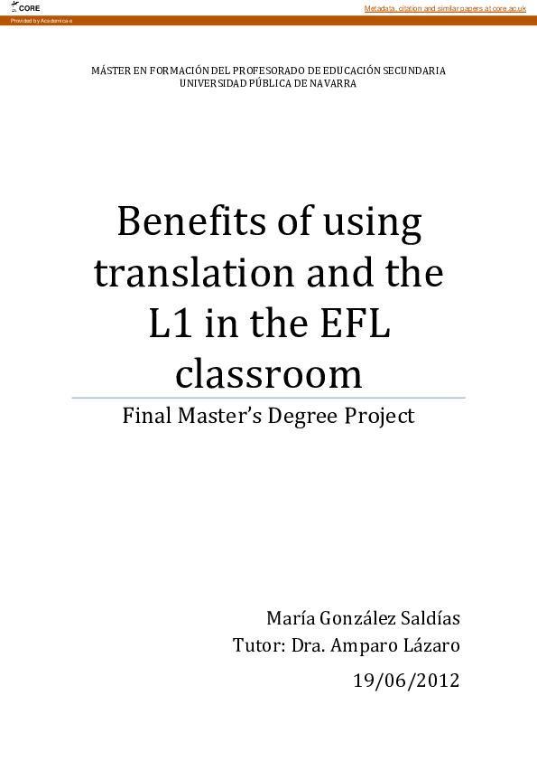 (PDF) Benefits of using translation and the L1 in the EFL classroom