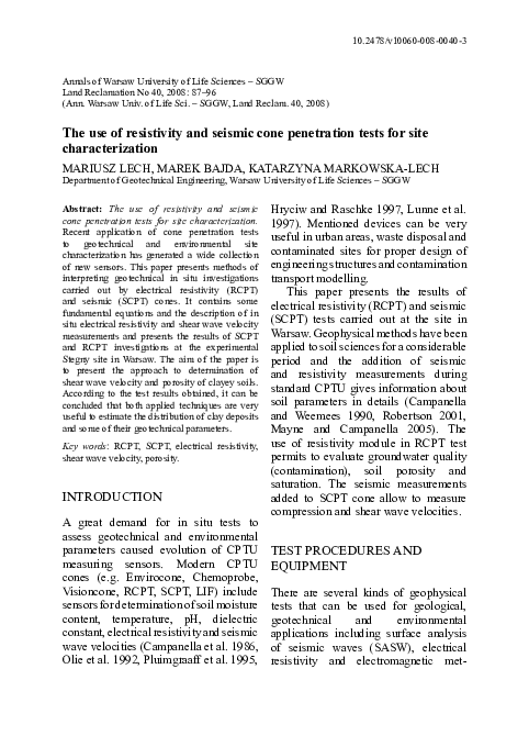 (PDF) The use of resistivity and seismic cone penetration tests for ...