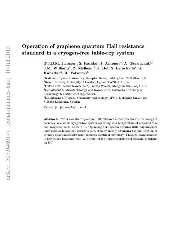 (PDF) Operation of graphene quantum Hall resistance standard in a ...