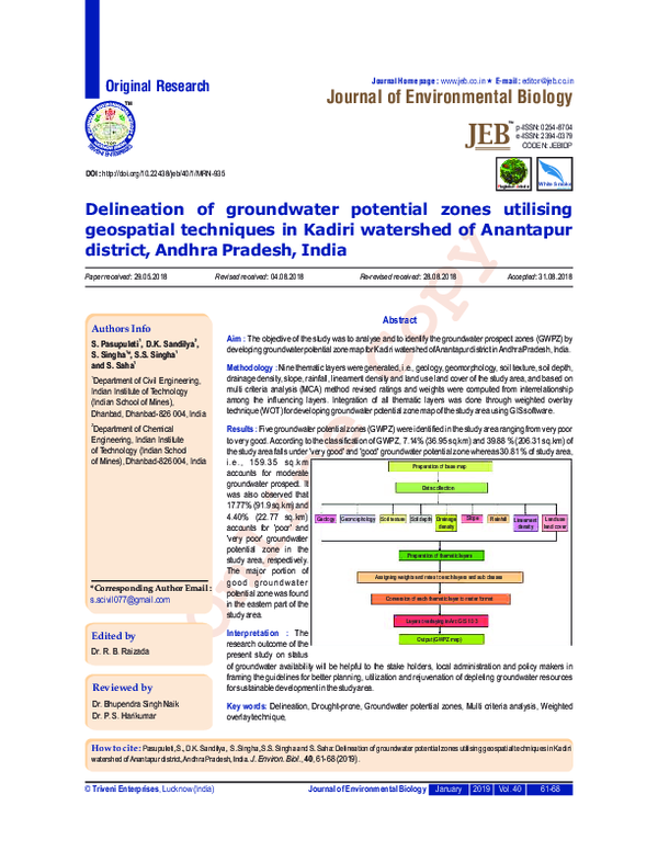 (PDF) Delineation of groundwater potential zones utilising geospatial ...