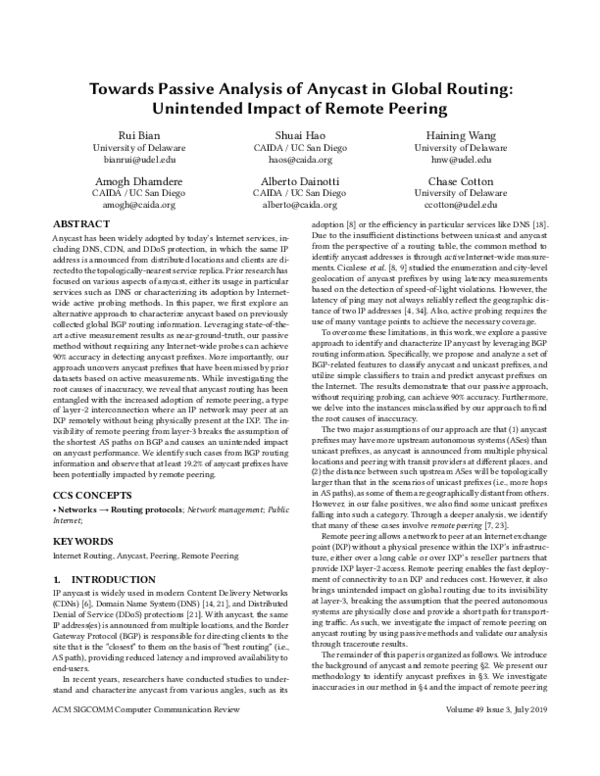 (PDF) Towards passive analysis of anycast in global routing
